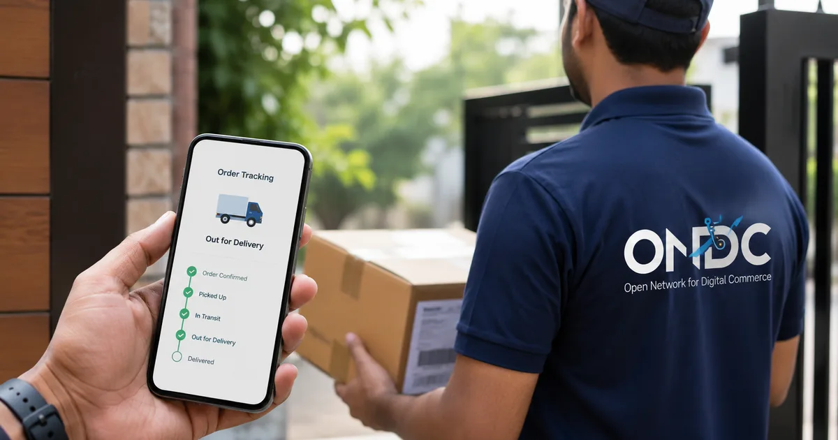 ONDC logistics network showing India Post and courier partners delivering packages to buyers across India in 2026