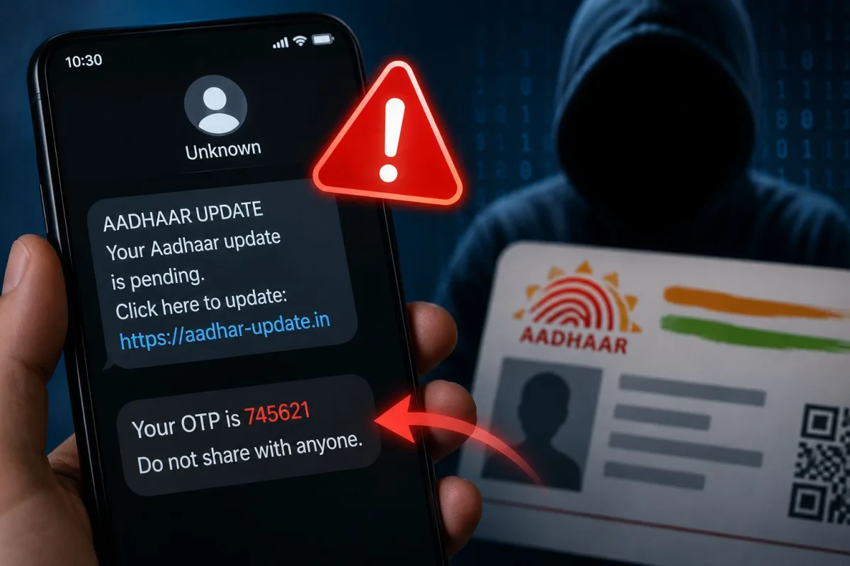 Person reading a fake Aadhaar update SMS scam message on a smartphone, warning about OTP theft and phishing fraud targeting Indian bank accounts in 2026