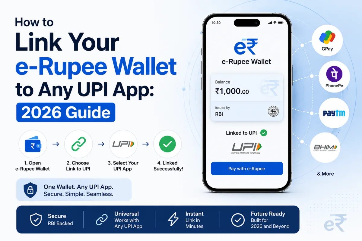 A person holding a smartphone displaying an e-Rupee wallet app scanning a merchant UPI QR code in India
