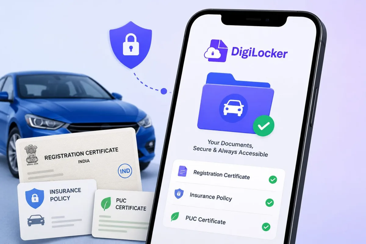 Smartphone displaying DigiLocker app with RC and Driving Licence documents for an Indian vehicle owner in 2026