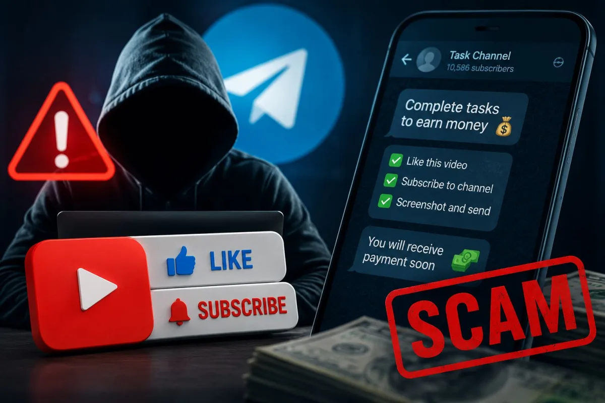 Smartphone screen showing fake WhatsApp job offer and Telegram crypto task scam interface