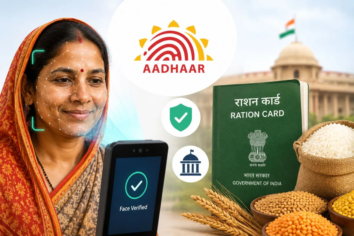 Aadhaar face authentication being used at a ration shop in India in 2026