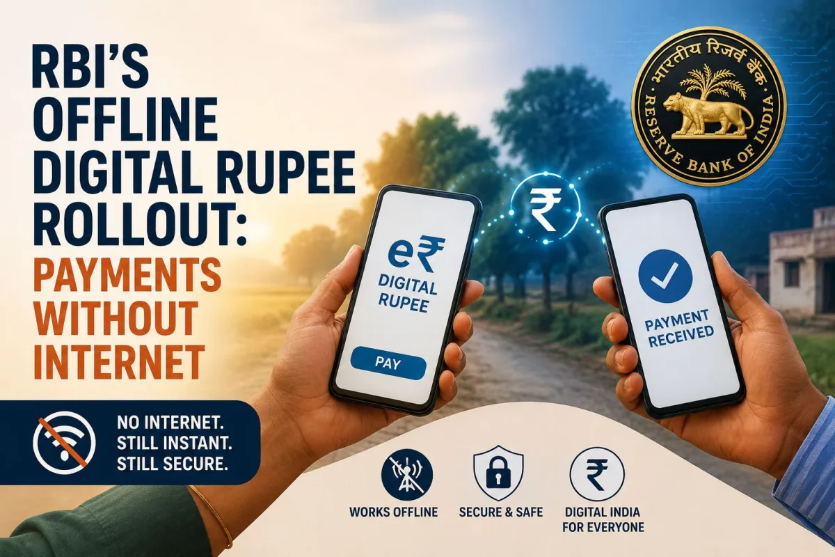 Smartphone displaying RBI offline digital rupee payment success screen with no internet connection