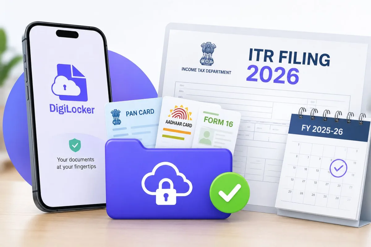 Indian taxpayer using DigiLocker app on smartphone to access PAN card and Aadhaar documents for ITR filing 2026