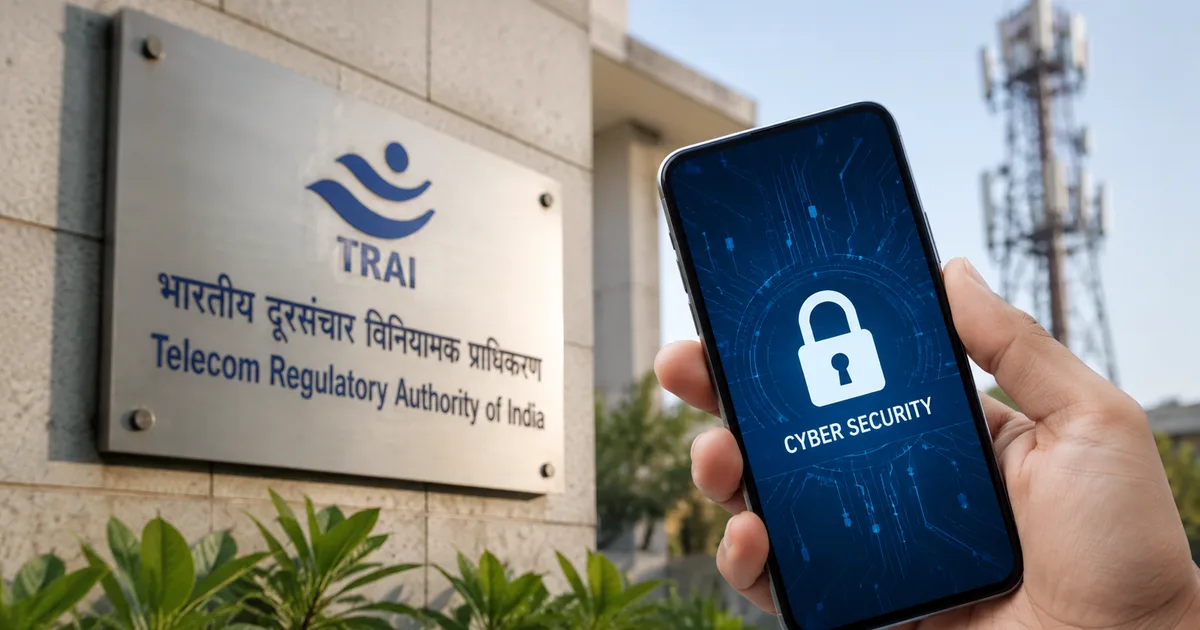 TRAI telecom cybersecurity rules 2026 showing SIM card, spam call protection and Sanchar Saathi app on Indian mobile phone