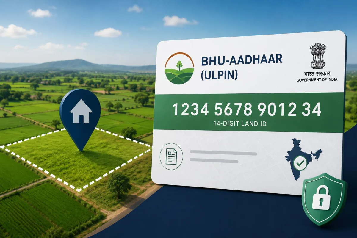 A digital map of Indian land parcels highlighting the 14-digit Bhu-Aadhaar ULPIN identification number