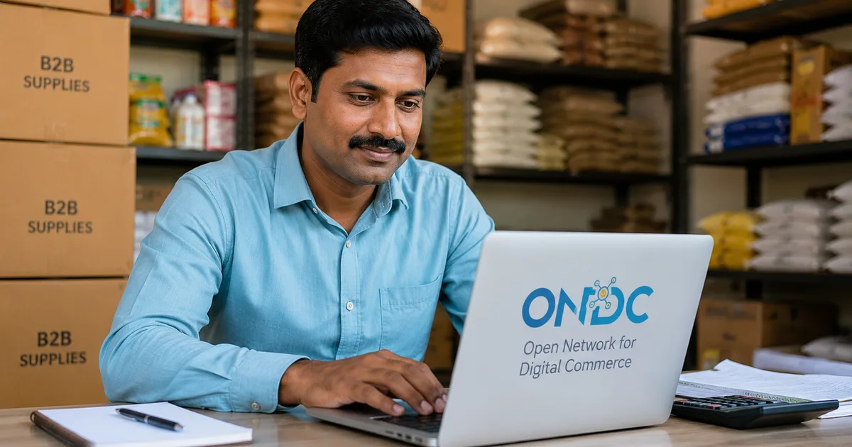Indian small business owner using ONDC B2B procurement app on smartphone to order wholesale goods from verified suppliers
