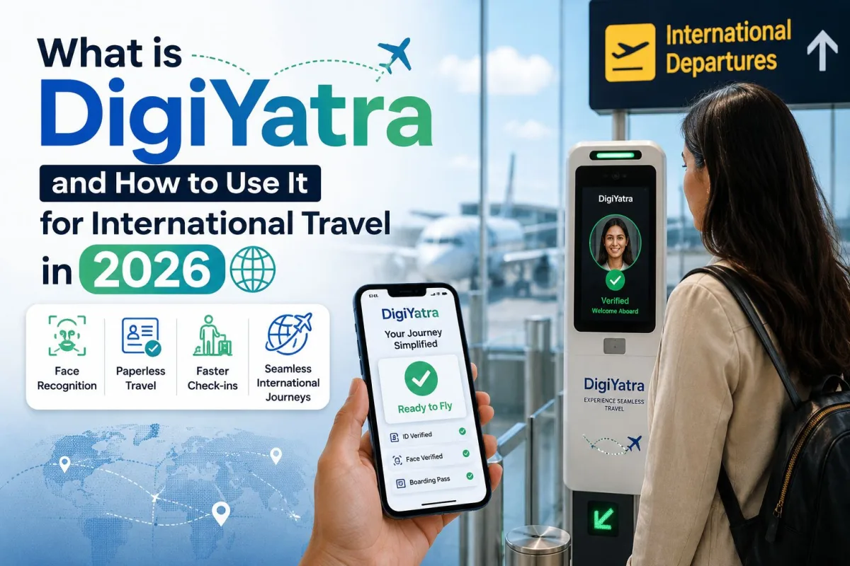 Passenger scanning their face at a DigiYatra e-gate for an international flight boarding process