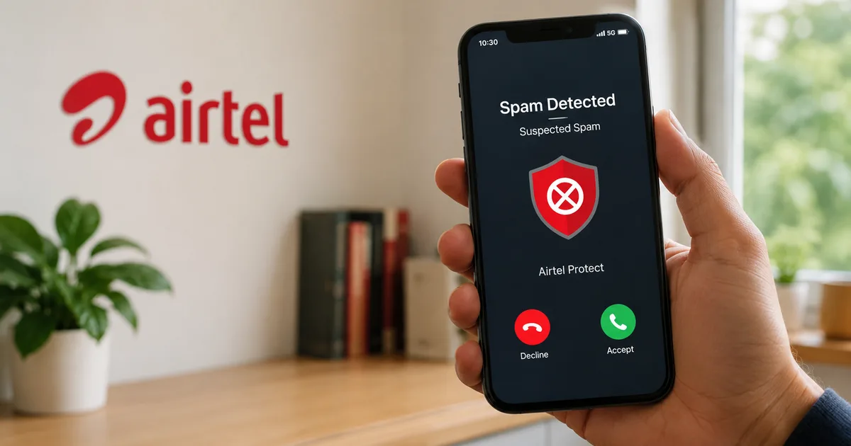 Airtel AI-powered spam detection system protecting Indian smartphone from scam calls and fraudulent RCS messages in 2026