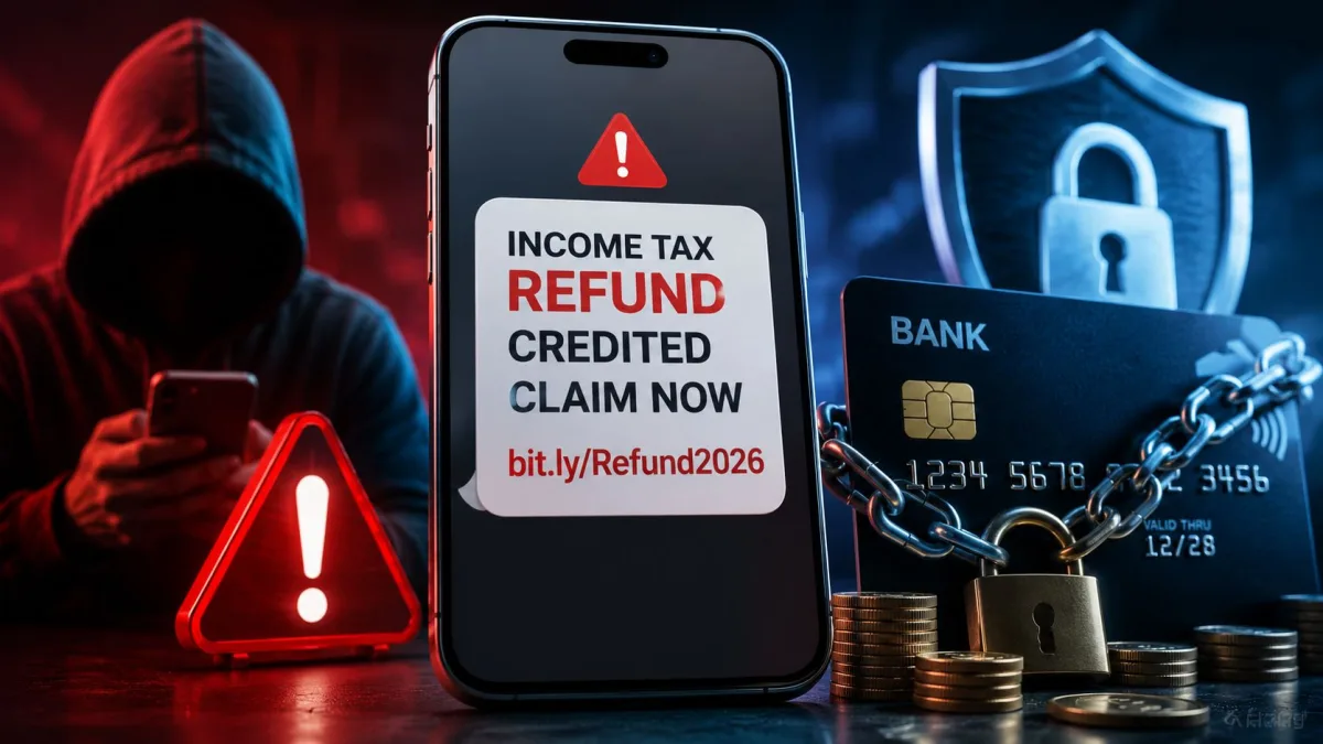 Fake income tax refund SMS scam warning showing fraudulent message on smartphone screen, India 2026