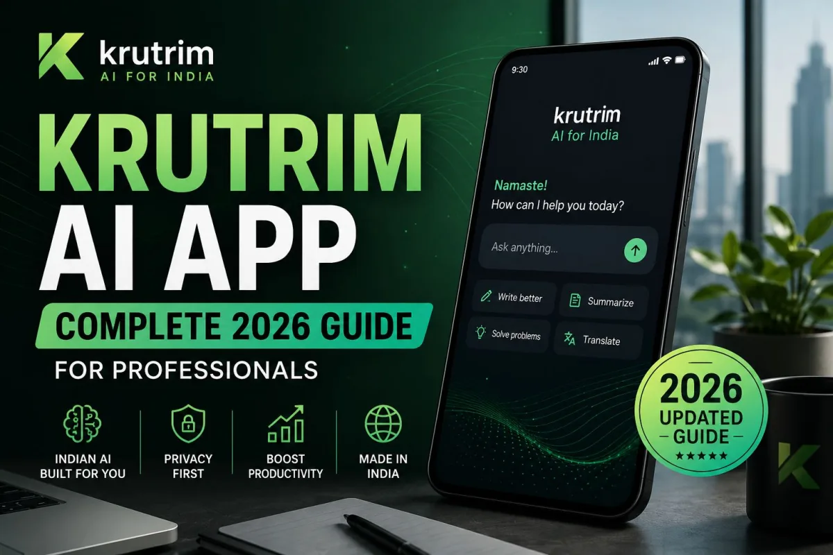 A professional checking the Krutrim AI App interface on a laptop with cloud computing icons in the background