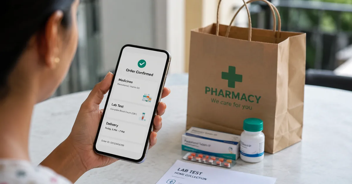 ONDC pharma app interface on a smartphone showing medicine search and lab test booking options in India 2026