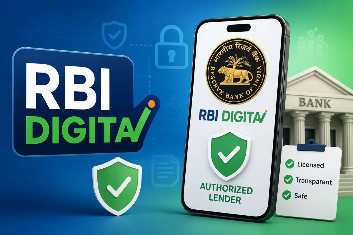 Illustration of a smartphone displaying the RBI DIGITA verified logo for safe digital loan apps in India