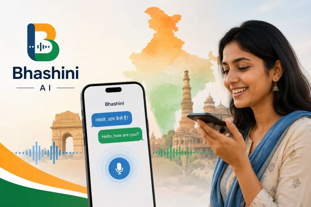 The Bhashini AI app logo on a smartphone screen showing real-time voice translation across Indian languages