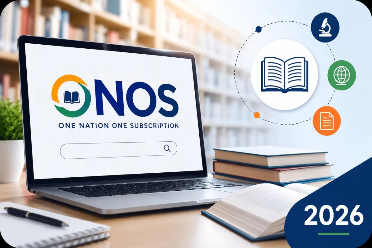 Student using a laptop in a library accessing the One Nation One Subscription ONOS portal for free research papers