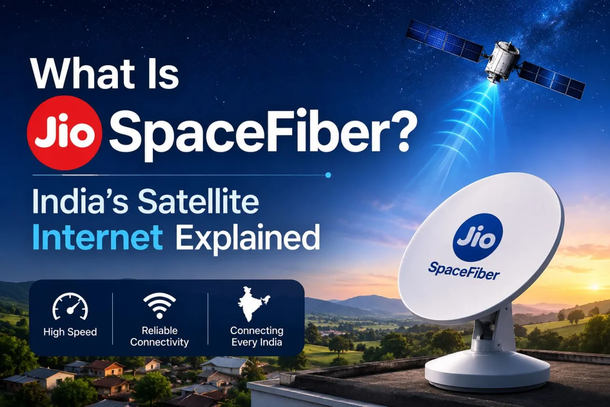 A satellite dish installed on a rural Indian rooftop pointing towards the sky for JioSpaceFiber internet