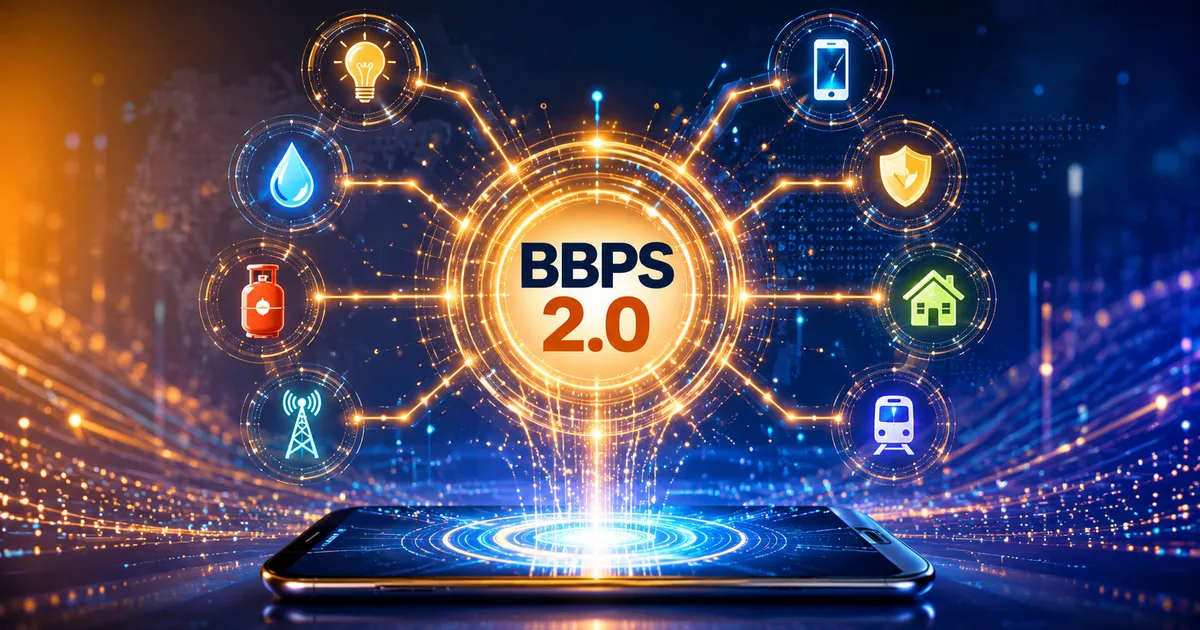 Diagram showing BBPS 2.0 Bharat BillPay network connecting payment apps like PhonePe and Google Pay to billers including electricity boards, insurance companies, and schools