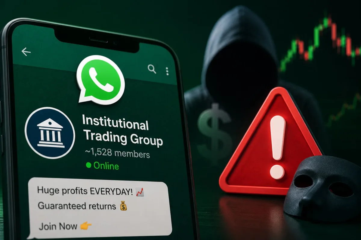 A smartphone showing a fake WhatsApp trading group chat next to a deceptive investment app interface