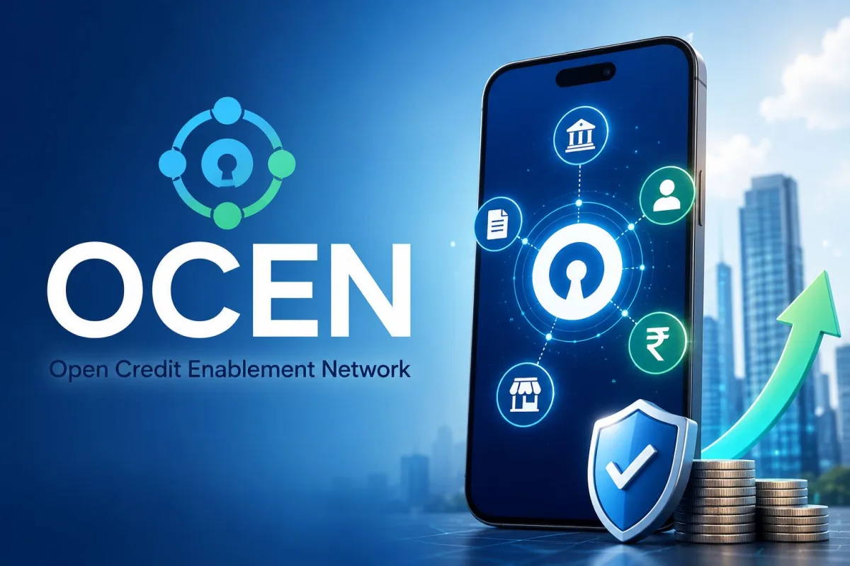 A small business owner using a smartphone to access instant digital credit via OCEN