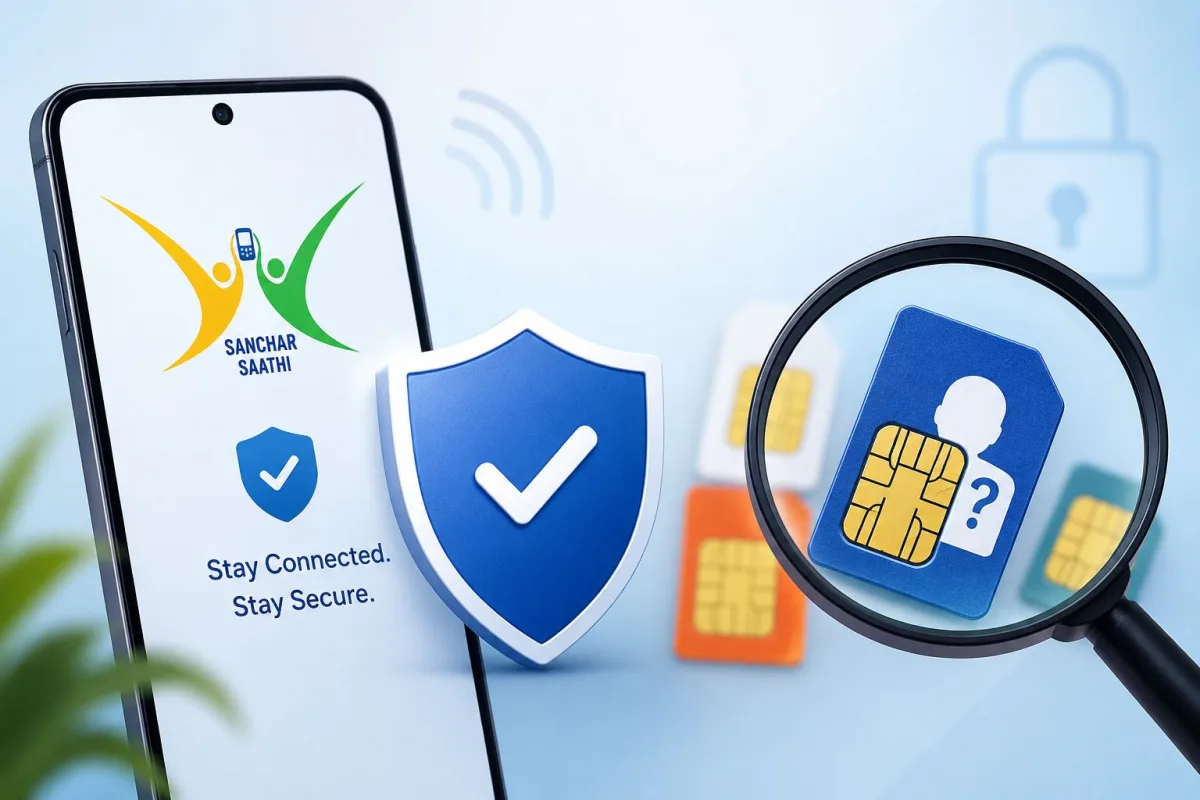 Person using smartphone to check Sanchar Saathi portal for Aadhaar linked SIM cards
