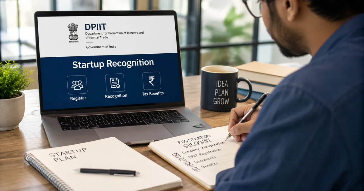 DPIIT startup recognition certificate and Startup India portal registration steps in India 2026