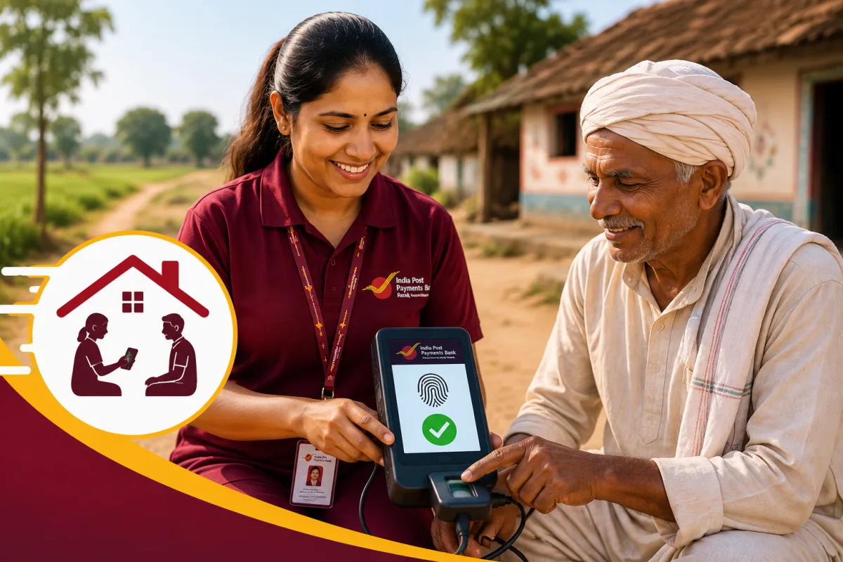 India Post Payments Bank postman with micro-ATM device providing Aadhaar ATM doorstep banking service in rural India