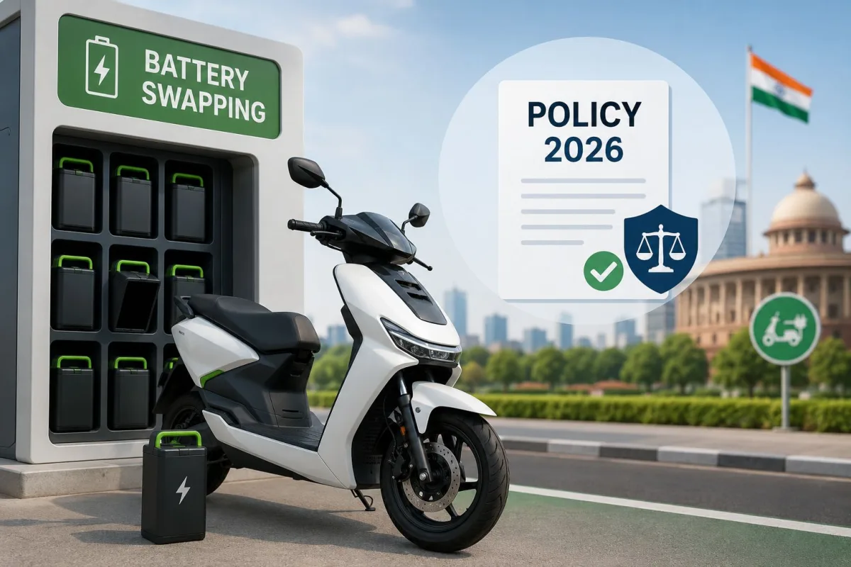 A rider swapping an electric scooter battery at a public charging station in India