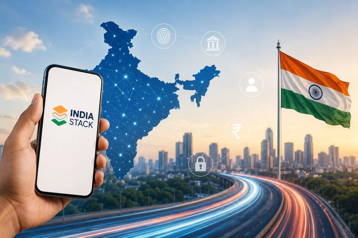 India Stack Global initiative diagram showing 23 countries adopting Digital Public Infrastructure including UPI and Aadhaar-equivalent identity systems in 2026