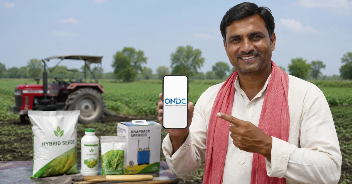 Farmer using smartphone to buy seeds and sell crops on ONDC agriculture network in India 2026