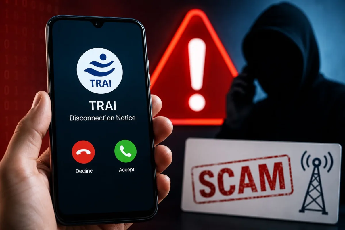 Smartphone screen displaying an incoming scam warning for a fake TRAI disconnection call