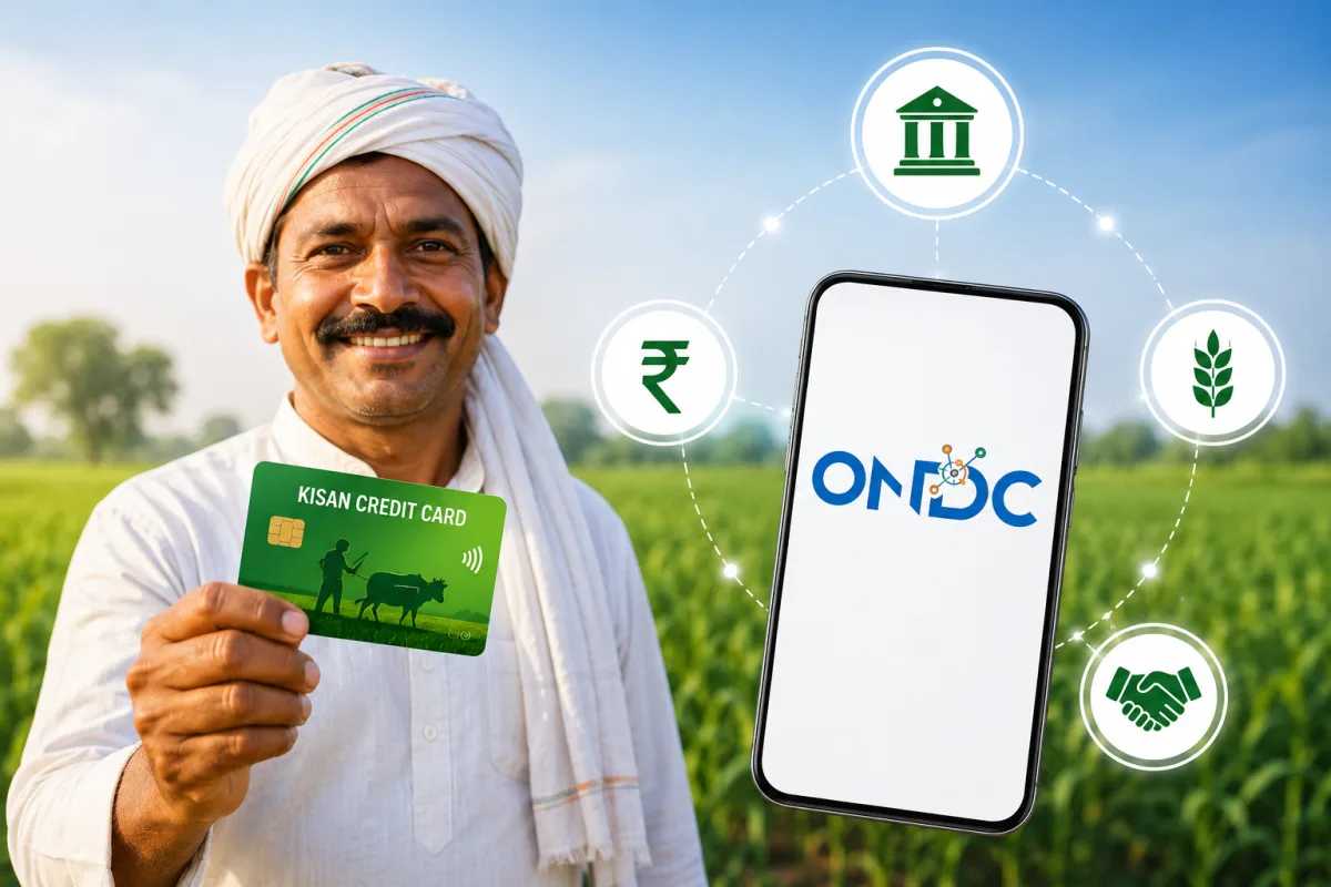 Farmer using smartphone to apply for Kisan Credit Card loan through ONDC agri-credit platform in India 2026