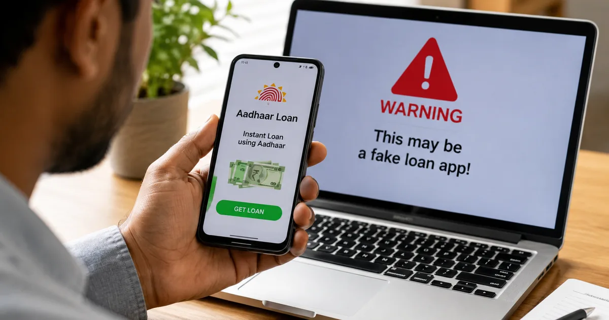 Illustration of fake Aadhaar loan app scam showing AI deepfake biometric identity fraud in India 2026