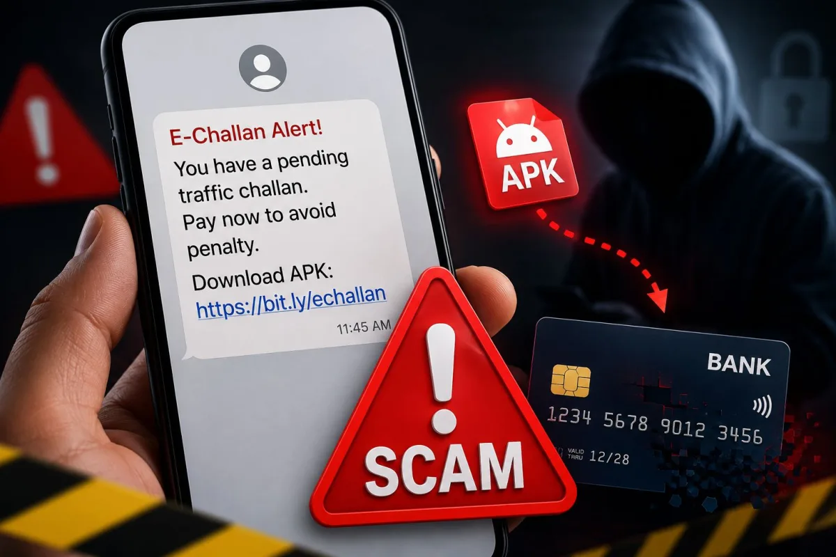 Smartphone showing a fake traffic e-challan SMS next to a warning sign about malicious APK downloads