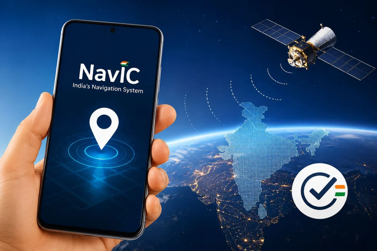 A smartphone displaying a satellite connection app with an Indian flag next to NavIC signals
