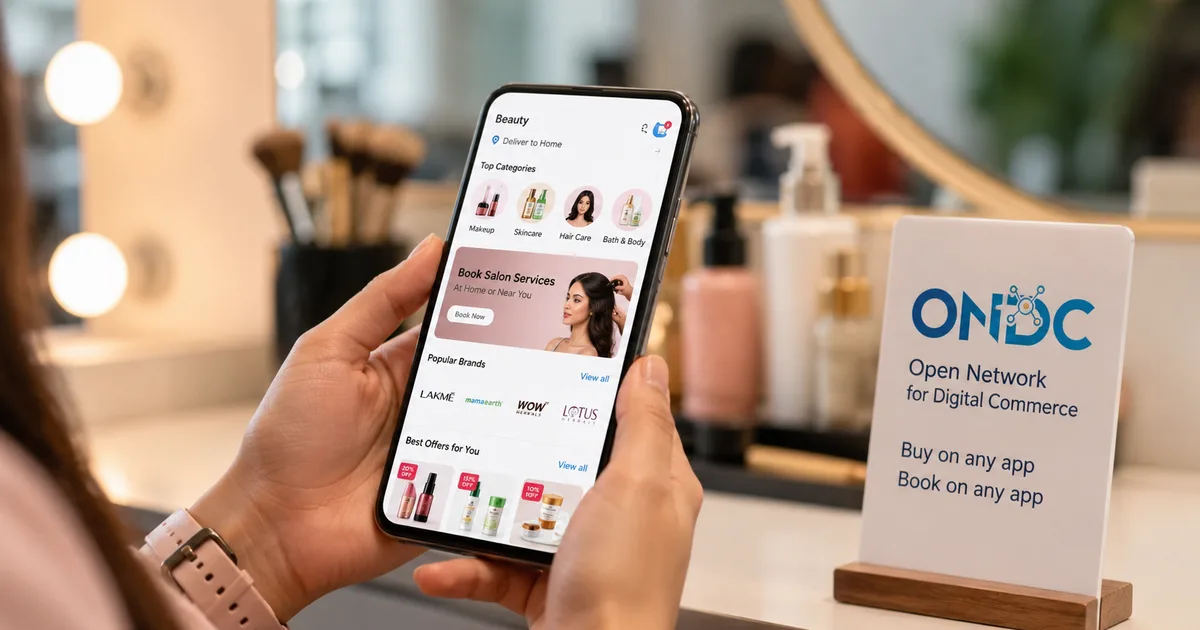 Woman browsing ONDC beauty products and booking a salon appointment on a smartphone app in India 2026