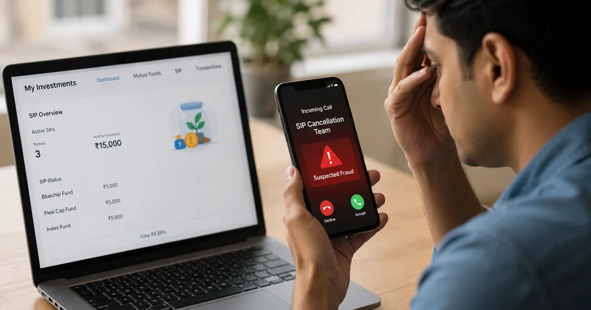 Warning illustration showing a fake SIP cancellation phone call alongside a UPI payment screen, representing the mutual fund SIP cancellation scam targeting Indian investors in 2026