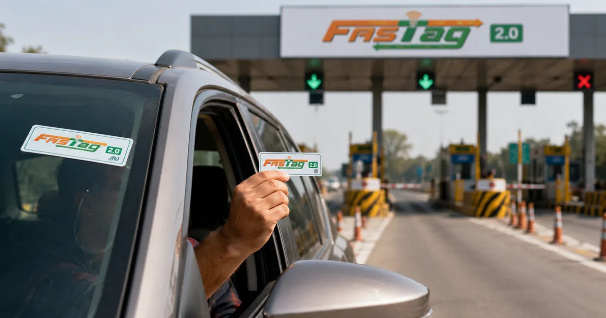 FASTag 2.0 upgrade India 2026 showing MLFF free-flow toll gantry and NPCI AI parking payment system on national highway