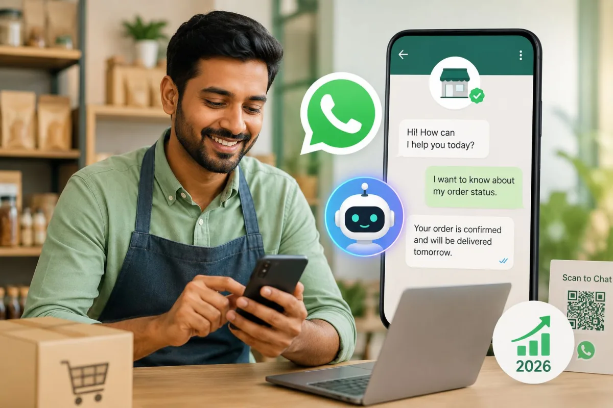 WhatsApp Business app running Meta AI for customer support on a smartphone