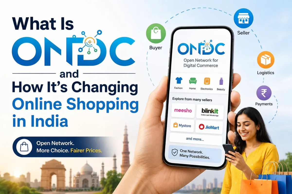 Illustration of ONDC open network for digital commerce connecting buyers and sellers across different apps in India 2026