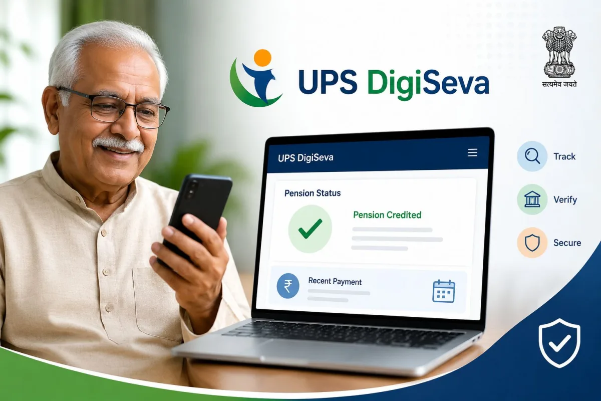 Central government employee checking UPS pension balance online via DigiSeva portal on laptop in 2026