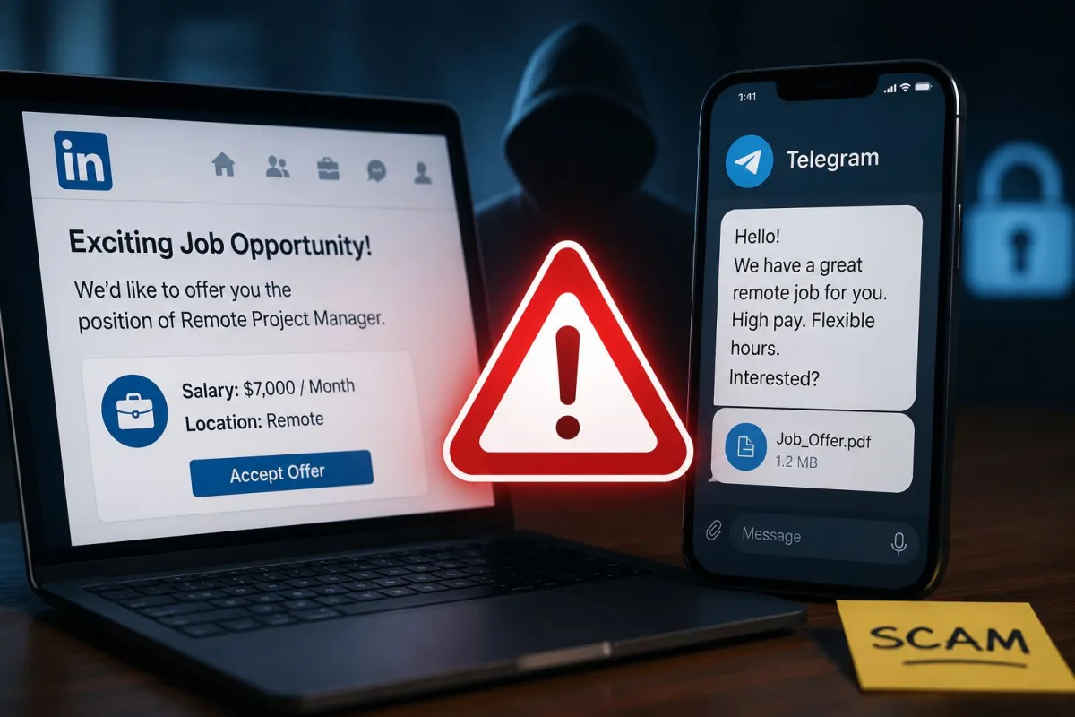 Indian fresher on laptop receiving a fake job offer message on LinkedIn and Telegram in 2026
