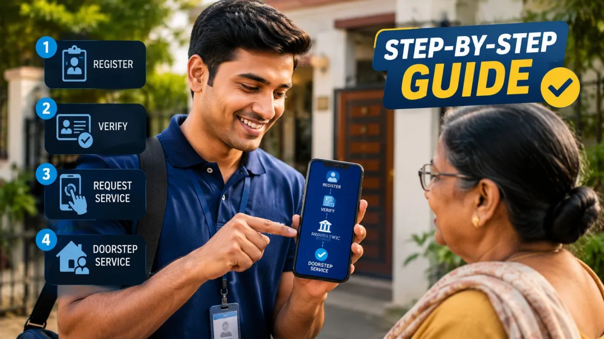 SBI BC agent using DigiPay SBI app with biometric fingerprint scanner to provide doorstep banking services at a customer's home in India
