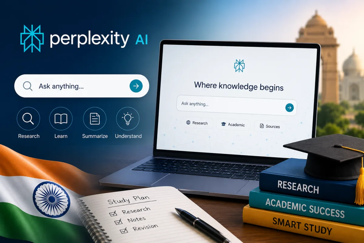 Perplexity AI research interface showing cited answers on a laptop screen, used by Indian students for academic research in 2026
