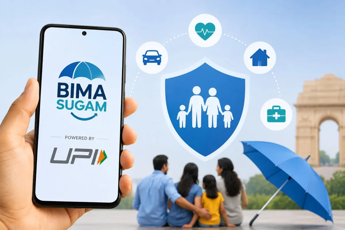 A digital smartphone interface showing insurance policies and the Bima Sugam logo