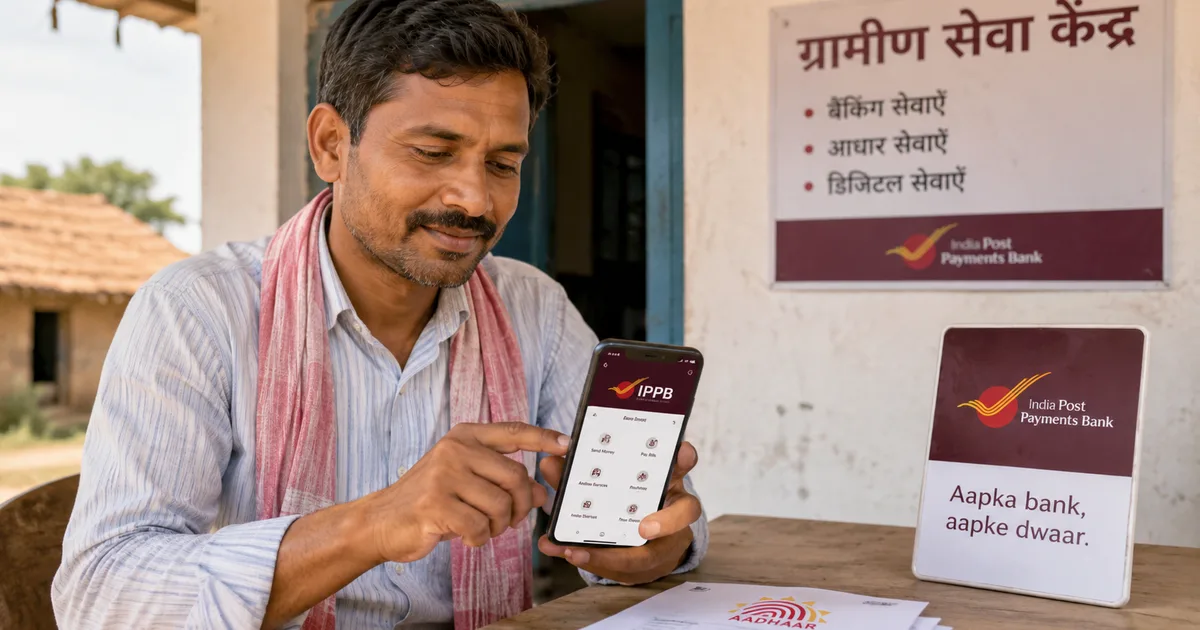 India Post Payments Bank IPPB mobile app showing rural banking and Aadhaar face authentication services on an Android smartphone in 2026