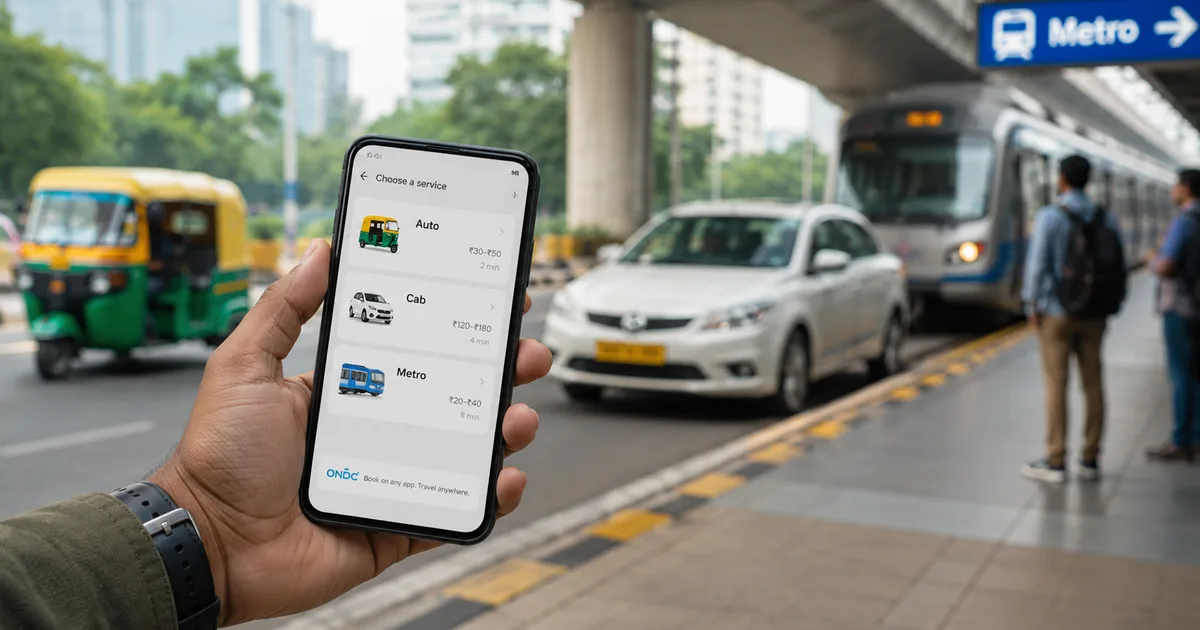 ONDC for mobility in India showing auto, cab, and metro ticket booking on a smartphone app in 2026