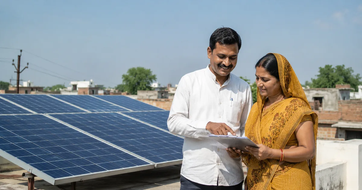 Rooftop solar panels installed on an Indian home under PM Surya Ghar Muft Bijli Yojana with blue sky background