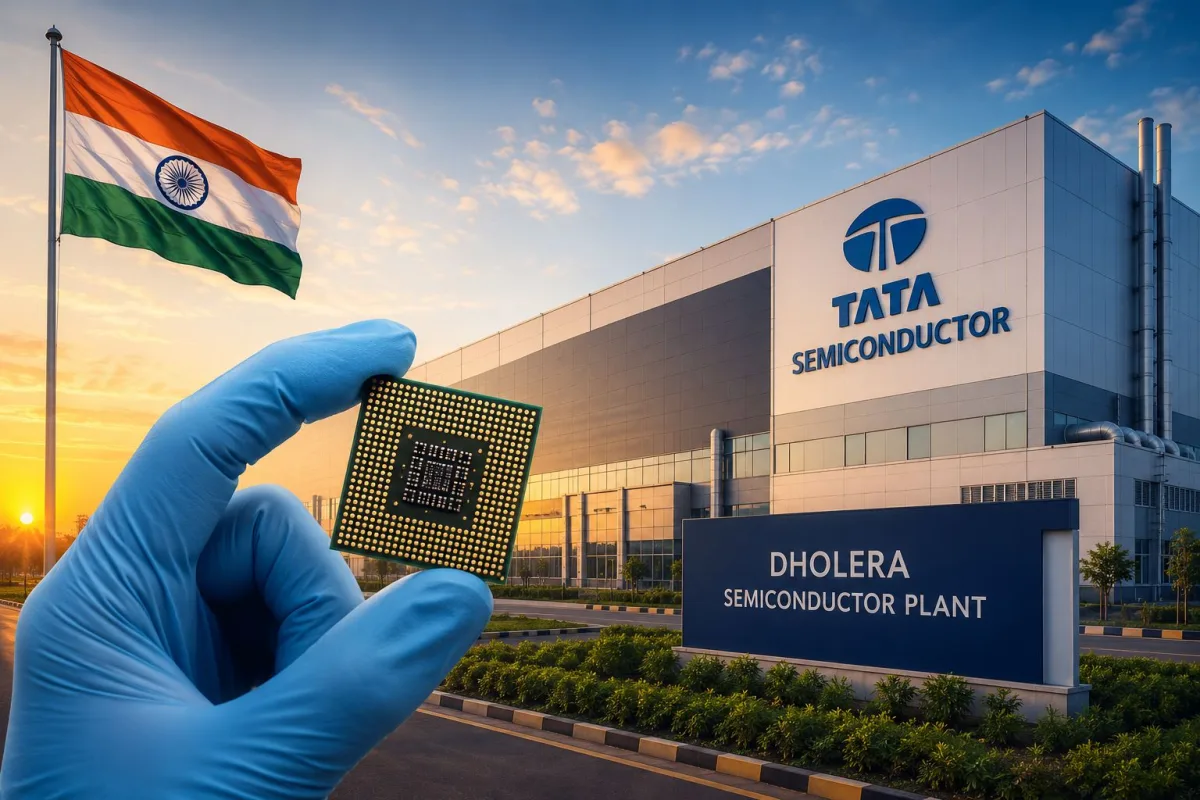 Tata Semiconductor plant concept art showing modern manufacturing facility in Dholera Gujarat