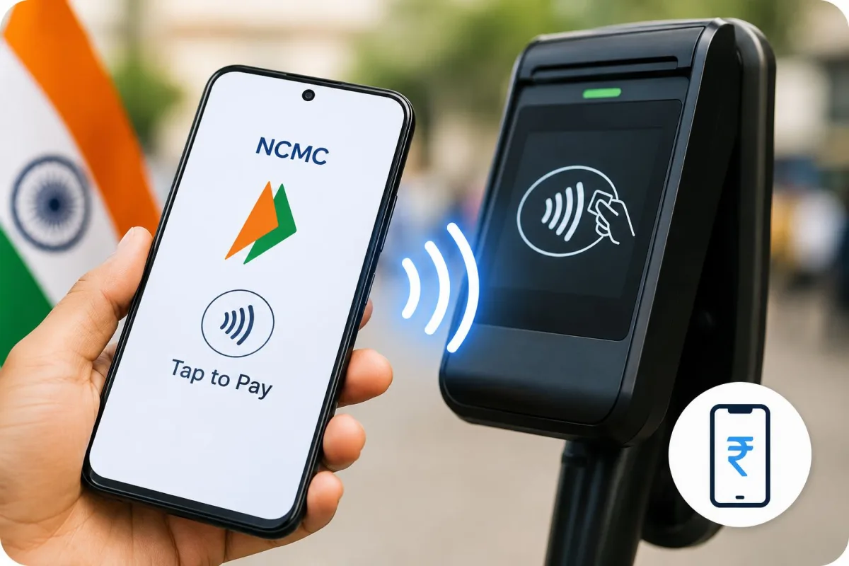 A person using their smartphone to tap and pay at an Indian metro automated fare collection gate