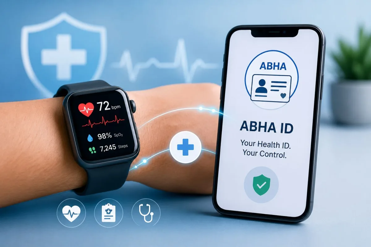 A person checking health data on a smartwatch connected to the ABHA app on a mobile phone